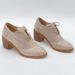 FOWT Beige Perforated Lace-Up Oxfords Almond Toe Mid Chunky Heel Brogues Shoes